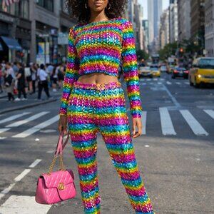 Rainbow Sequin Two-Piece Set ✨ Crop Top & Pants | Festival / Party Statement Out